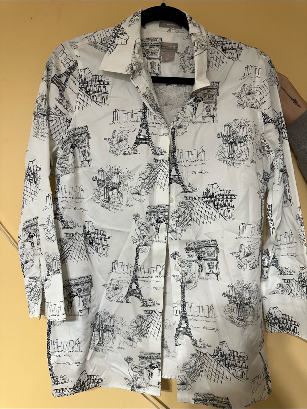 Chico's White Button-Down Shirt with Black Paris Landmark Print